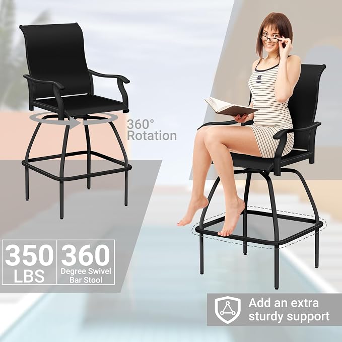 LEVELEVE Patio Bar Set 2pcs Swivel Bar Stools Outdoor Bistro Textilene - Image 3