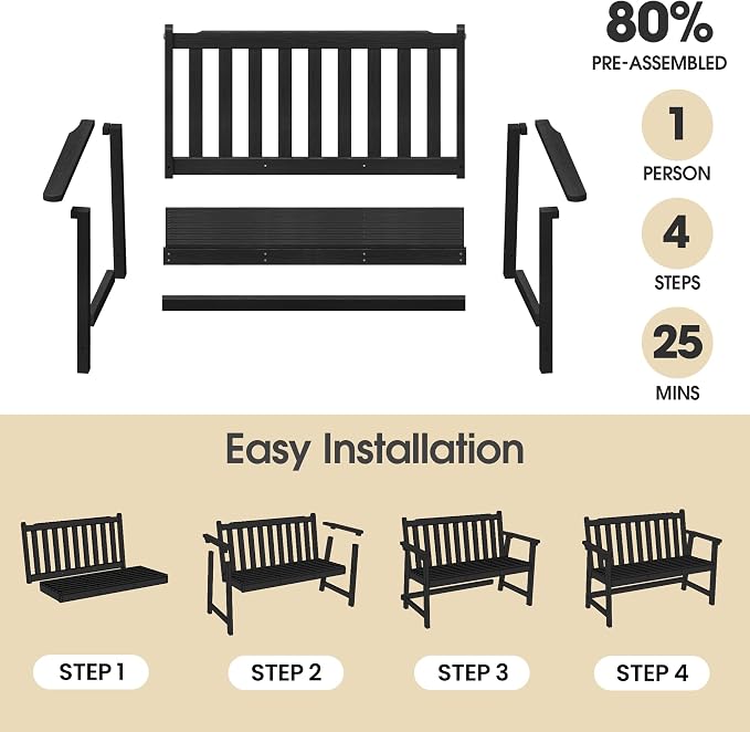 Ciokea 48" Outdoor Bench, HDPE Weatherproof Porch Bench, 2-Person Garden Benches - Image 6