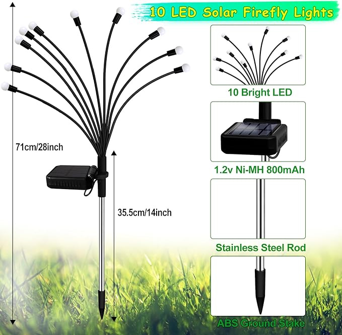 Kohlrabi Solar Garden Lights Outdoor, 6 Pack 60 LED Blue Firefly Lights - Image 2