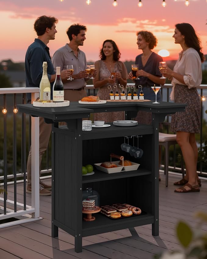 SERWALL Outdoor Bar Table Set – HDPE Black Patio Bar Cabinet - Image 9