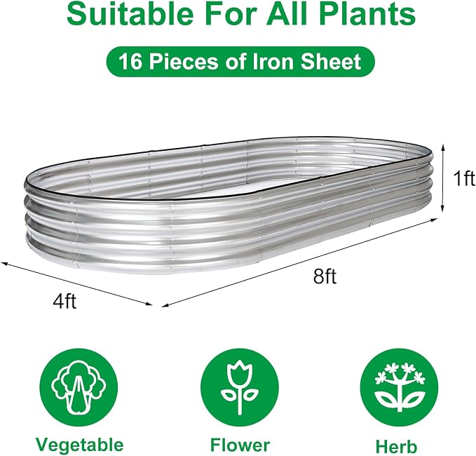 JERIA 2 Pcs 8×4×1ft Oval Raised Garden Bed, Galvanized Raised Garden Bed Kit - Image 3