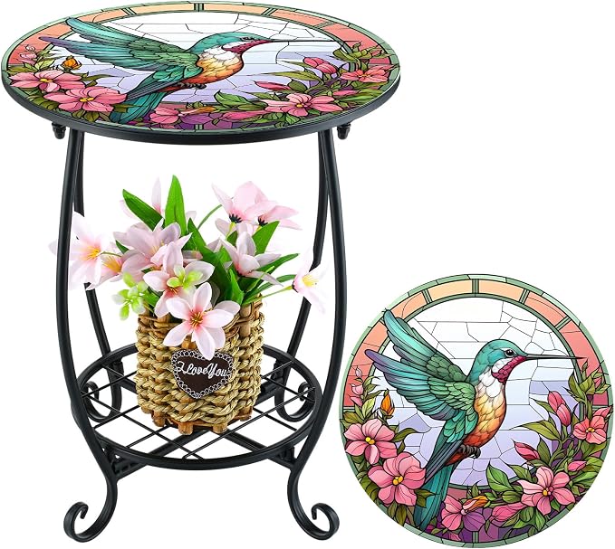 Outdoor Side Table Round Small Mosaic Patio Accent Indoor End Plant Metal by Cinnvoice
