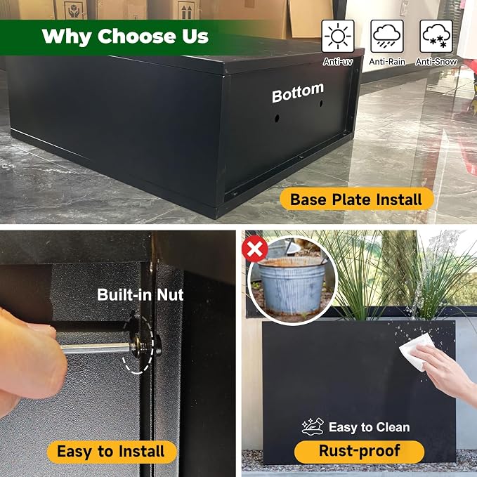 Black Steel Planter Box for Outdoor Plants 24" x 10" x 24" Metal Rectangular - Image 4
