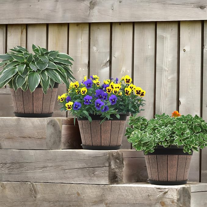 Quarut 4 Pack 8 inch Plant Pot, Upgrade Whiskey Barrel Planters - Image 7
