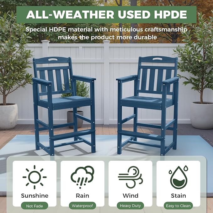 Outdoor Patio Tall Adirondack Bar Chairs Set of 2, All-Weather HDPE Bar Height - Image 2