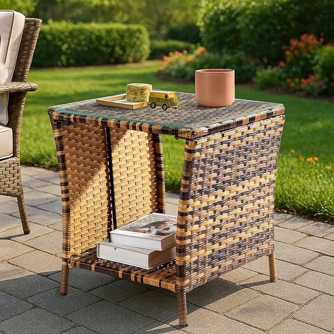 Wicker Rattan Side Table, Outdoor Square Rattan Coffee End Table - Image 2