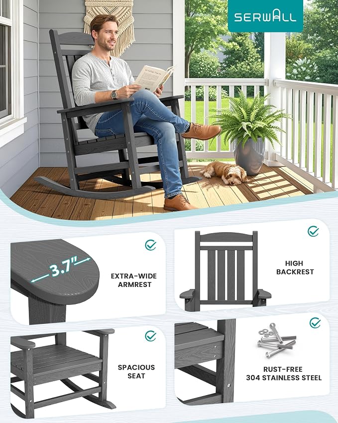 SERWALL Outdoor Rocking Chair Set of 2, HDPE Patio Rocking Chair, All-Weather - Image 5