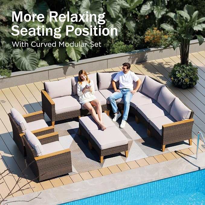 PHI VILLA 9-Piece Wicker Patio Furniture Set, Outdoor Half-Moon Curved - Image 3