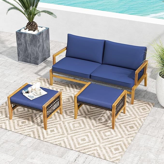 Tangkula Set of 2 Outdoor Ottomans, Patio Acacia Wood Ottomans - Image 5