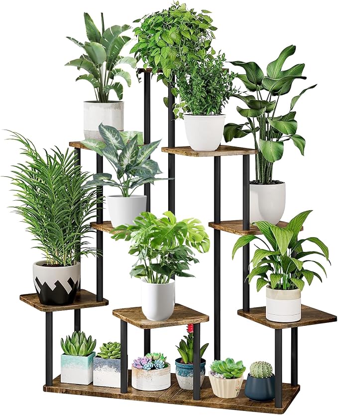 9 Tier Wood Tall Plant Stand Metal Rack Indoor, Planter Shelf Display Rack by YOCOMEY