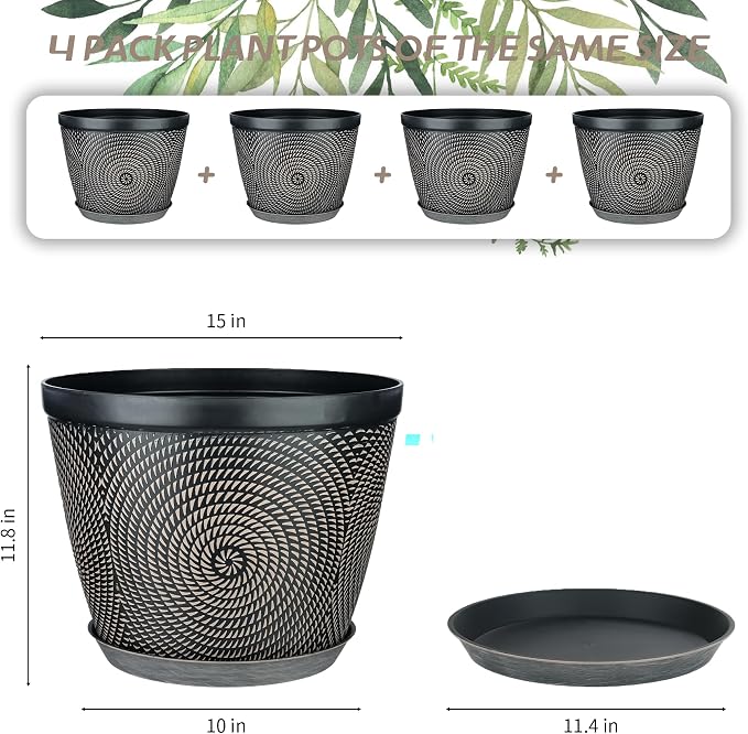 Quarut 15 Inch 4 Pack Large Plant Pots, Plastic Flower Pot - Image 3