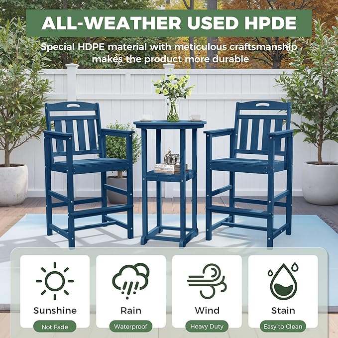 Outdoor Bistro Bar Set, Patio High Top Table and Bar Height Tall Adirondack - Image 3