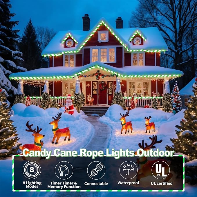 Jnaurb Christmas Candy Cane Lights, 33ft 240 LED Connectable Flexible White & - Image 2