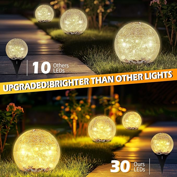 Coroor Garden Solar Ball Lights Outdoor Waterproof, 30 LED Cracked Glass Globe - Image 2