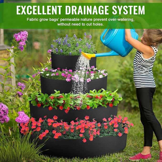 4 Pcs Plant Grow Bags 4 Tiered Strawberry Planter Tower Fabric Raised Garden - Image 4