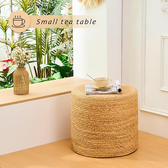 Handwoven Ottoman Pouf, Natural Water Hyacinth Footstool, Round Braided Outdoor - Image 4