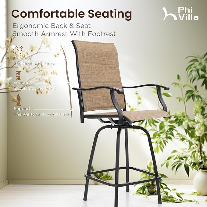 PHI VILLA 3 Piece Outdoor Swivel Bar Stools Set, Bar Height Patio Set - Image 7