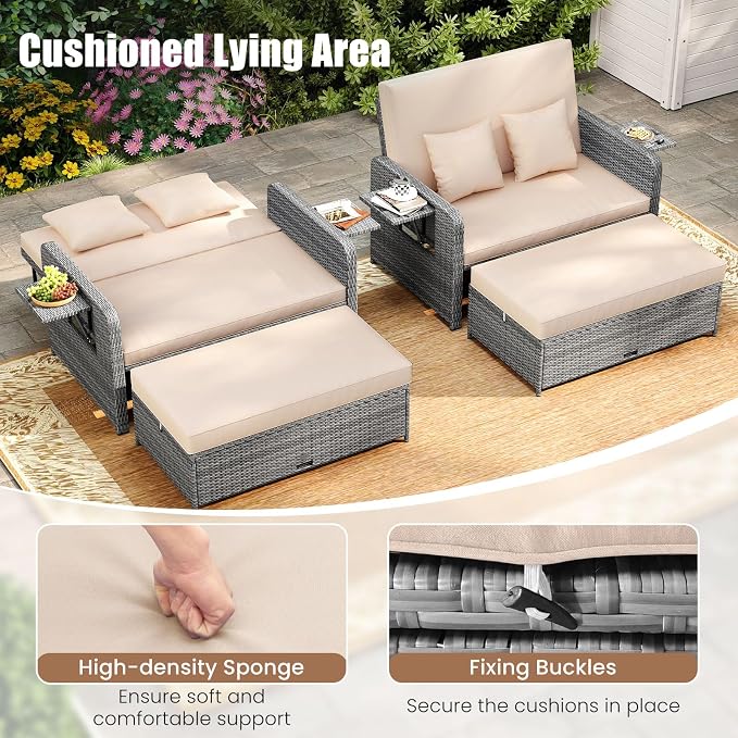 LDAILY Moccha Outdoor Daybed, Wicker Loveseat Sofa Set - Image 4