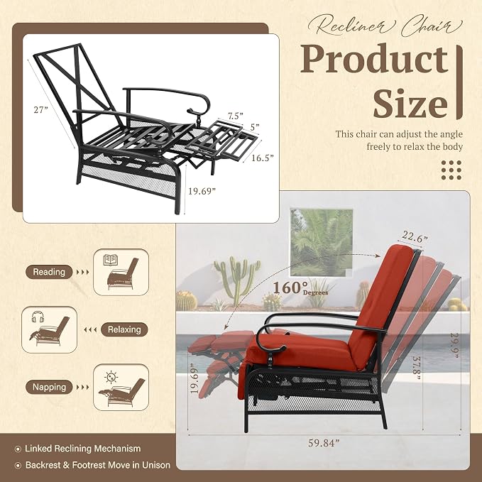Oakcloud Adjustable Outdoor Lounge Chair Metal Patio Relaxing Recliner Chair Set - Image 3