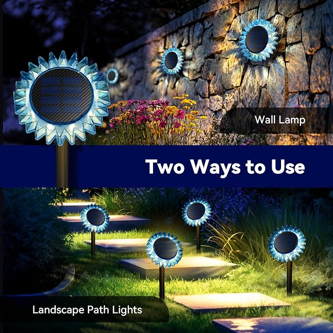 Outdoor Solar Lights, 2 Pack Led Solar Sunflower Lights, Stake/Wall 2-in-1 - Image 2