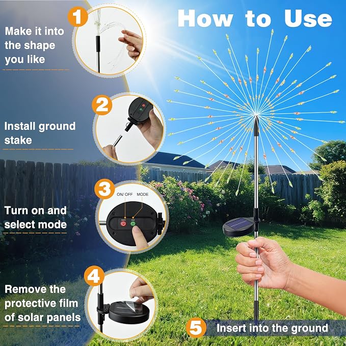 btfarm 4 Pack 120 LED Solar Garden Lights Outdoor, 8 Modes Firework Lights - Image 6