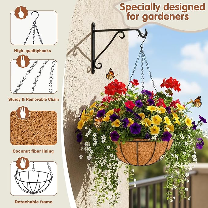 14 inch Metal Hanging Baskets For Plants Outdoor 4 Pack Round Metal Wire - Image 6
