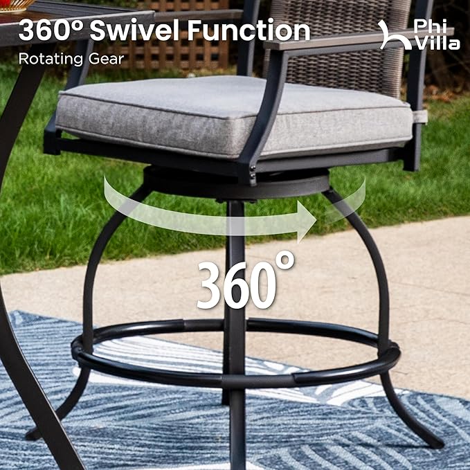 PHI VILLA Outdoor Swivel Bar Stools Set of 6, Rattan Backrest and Wood-Like - Image 4
