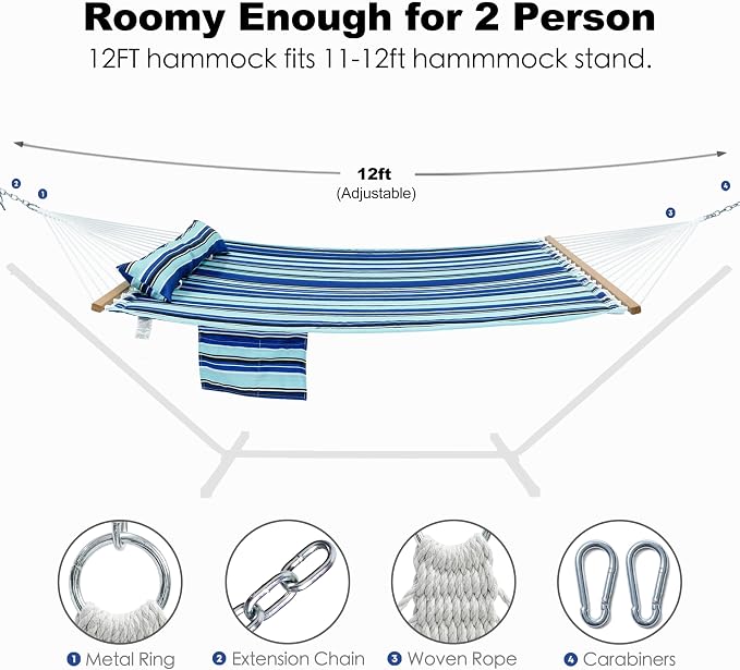2 Person 12FT Hammocks for Outside, Double Quilted Fabric Outdoor Hammock - Image 3