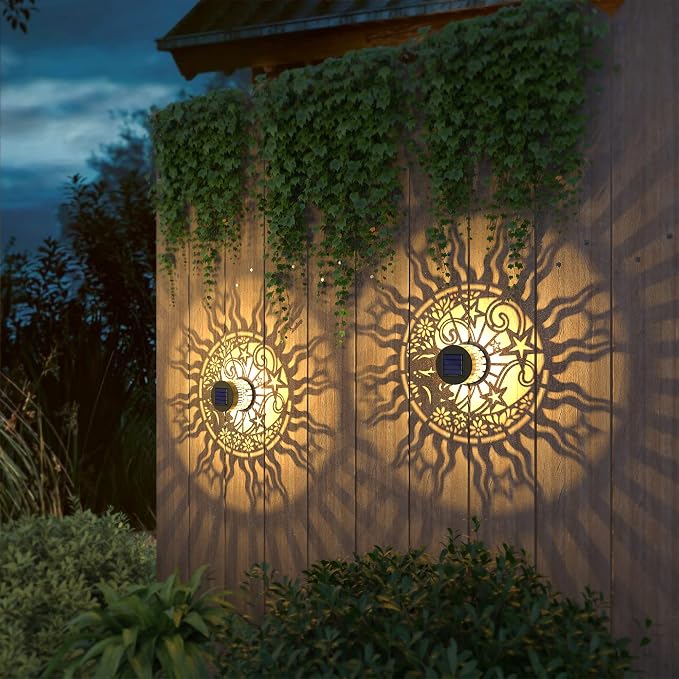 2 Pack Solar Fence Lights Metal Solar Powered Outdoor Wall Deck Lights Sun Moon - Image 7