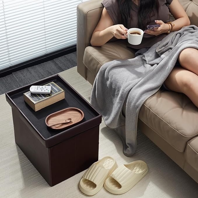 AmasSmile Storage Ottoman Folding Foot Rest Stool, Leather Footstool Bench - Image 2