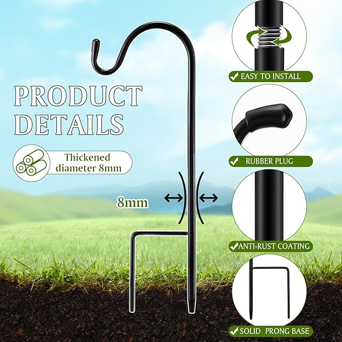 4 Pcs 15 Inch Shepherds Hook for Outdoor Adjustable Bird Feeder Pole Metal - Image 3