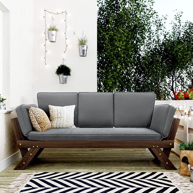 Merax Patio Sofa, Outdoor Adjustable Wooden Daybed, Chaise Lounge by Merax