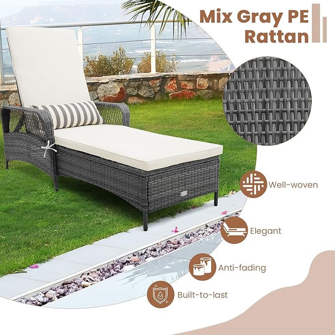 Tangkula Wicker Chaise Lounge Outdoor, Patio Rattan Reclining Chaise - Image 8