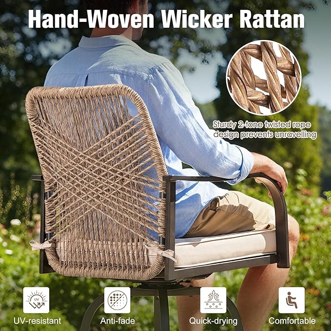 Outdoor Bar Stools Set of 4, 360° Swivel Metal Frame, Wicker Patio Bar Height - Image 5