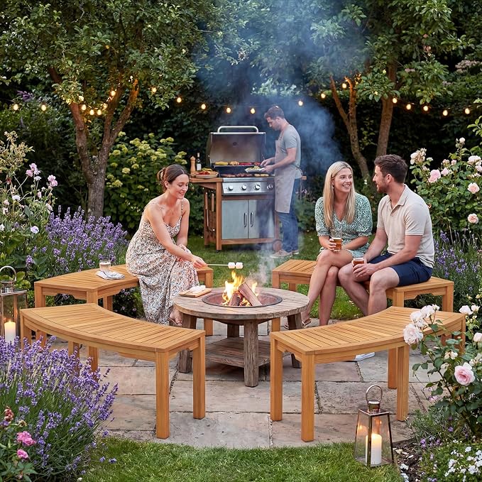 Tangkula Outdoor Curved Bench, Acacia Wood Fire Pit Bench w/Slatted Seat - Image 2