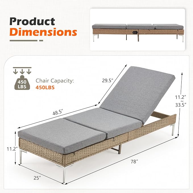 HOMREST Outdoor Chaise Lounge Chair Set of 2, Rattan Pool Sunbathing Recliner - Image 2