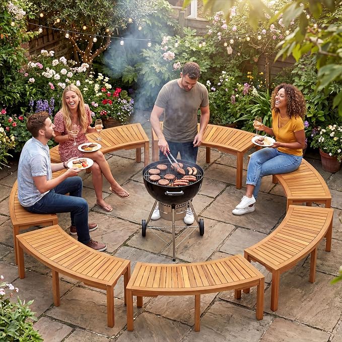 Tangkula Outdoor Curved Bench, Acacia Wood Fire Pit Bench w/Slatted Seat - Image 4