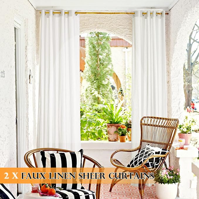 RYB HOME Sheer Curtains for Patio Outdoor, Linen Textured White Panel Grommet - Image 3