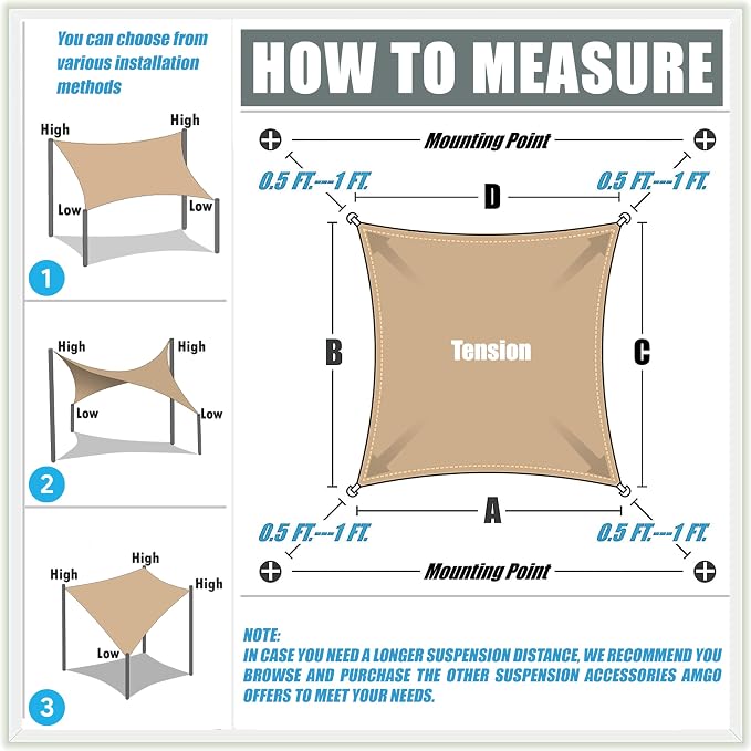 Amgo 16' x 20' Beige Rectangle Sun Shade Sail Canopy Awning UPF50+ AGTAPR1620 - Image 2