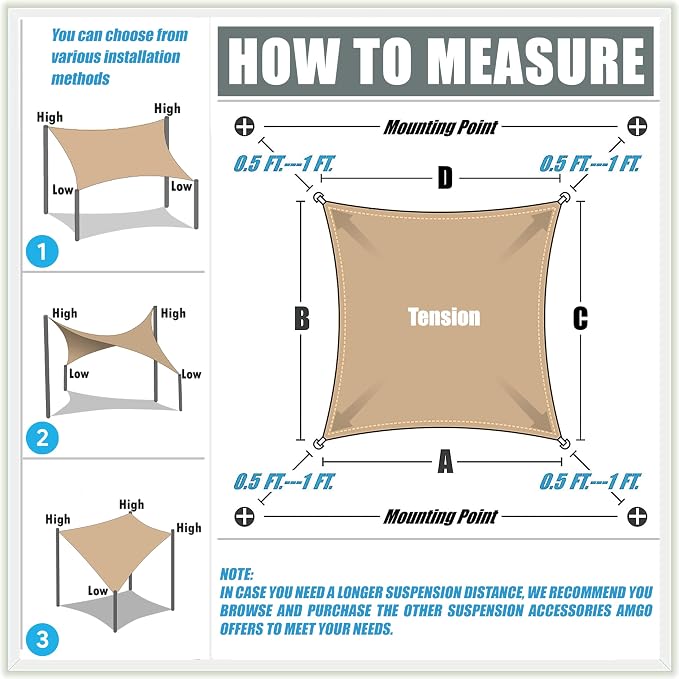Amgo 14' x 14' x 19.8' Beige Right Triangle Sun Shade Sail UPF50+ Canopy Awning - Image 6