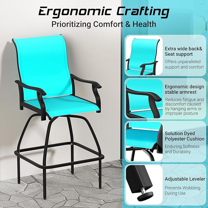 LEVELEVE Patio Bar Set 4pcs Swivel Bar Stools Outdoor Bistro Textilene - Image 5