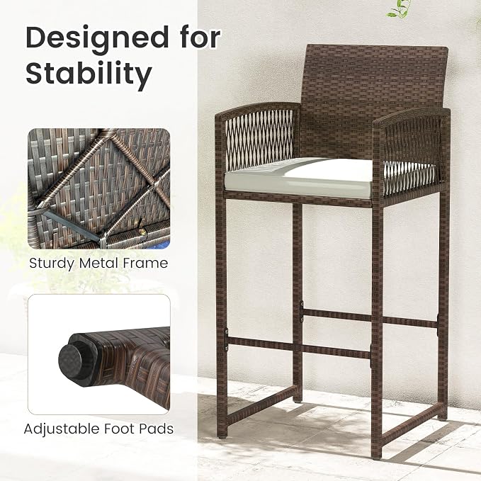 Tangkula Patio Bar Stools Set of 2, PE Rattan Bar Height Chairs - Image 5