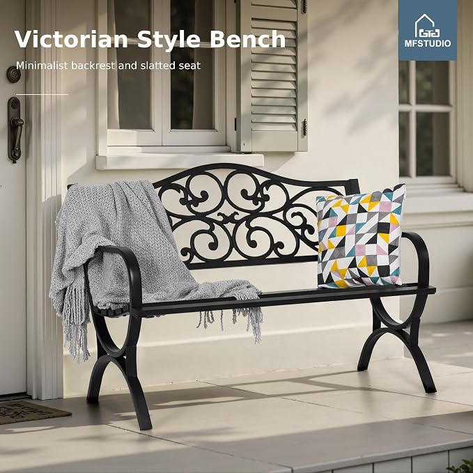MFSTUDIO 50 Inches Outdoor Garden Bench, Cast Iron Metal Frame Patio Park Bench - Image 4
