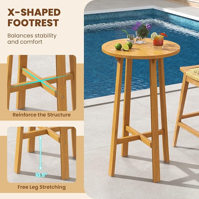 Tangkula 3 Piece Patio Bar Set, Teak Wood Bistro Furniture - Image 6