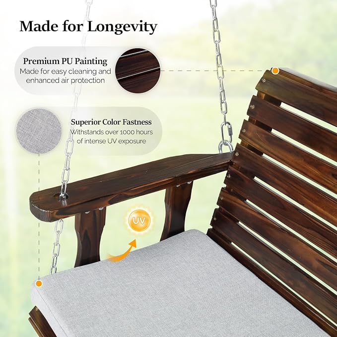 VINGLI Outdoor 4 FT Porch Swing, Heavy Duty 880 LBS Wooden Patio Swings - Image 4