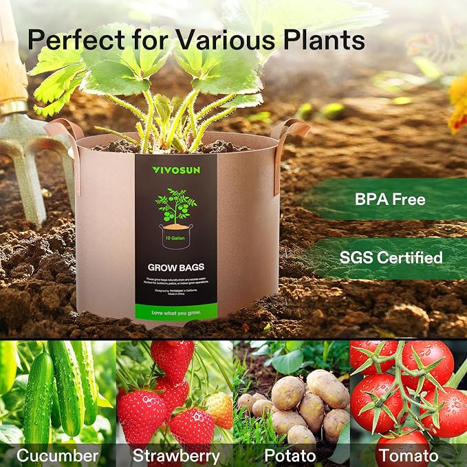 VIVOSUN 5-Pack 10 Gallons Grow Bags Heavy Duty Thickened Nonwoven Fabric Pots - Image 7
