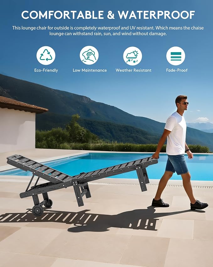 SERWALL Outdoor Chaise Lounge Chair, HDPE Patio Lounge Chair - Image 4