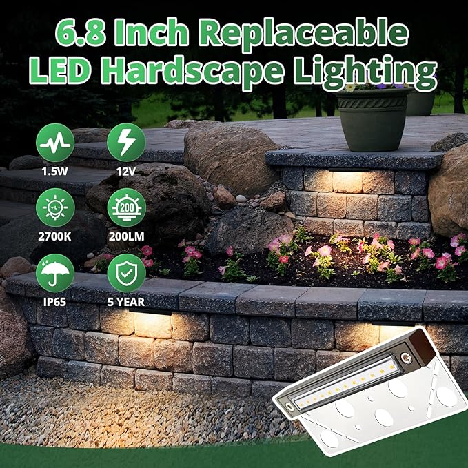 GKOLED 8-Pack Replaceable 6.8" LED Hardscape Lights, Low Voltage Retaining Wall - Image 4