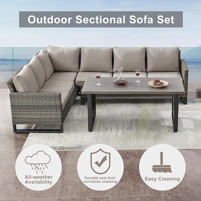 Belord Outdoor Sectional Sofa 6 Seater L Shaped Couch Wicker Patio Conversation - Image 3