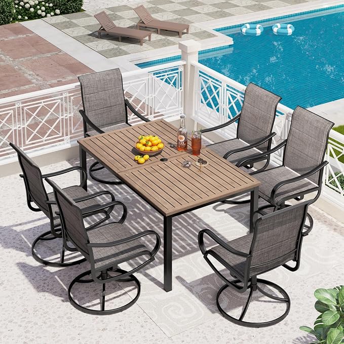 PHI VILLA Patio Dining Set for 6, Padded Textilene Swivel Dining Chairs & Brown by PHIVILLAThepioneerofcomfortablehouseholdsupplies